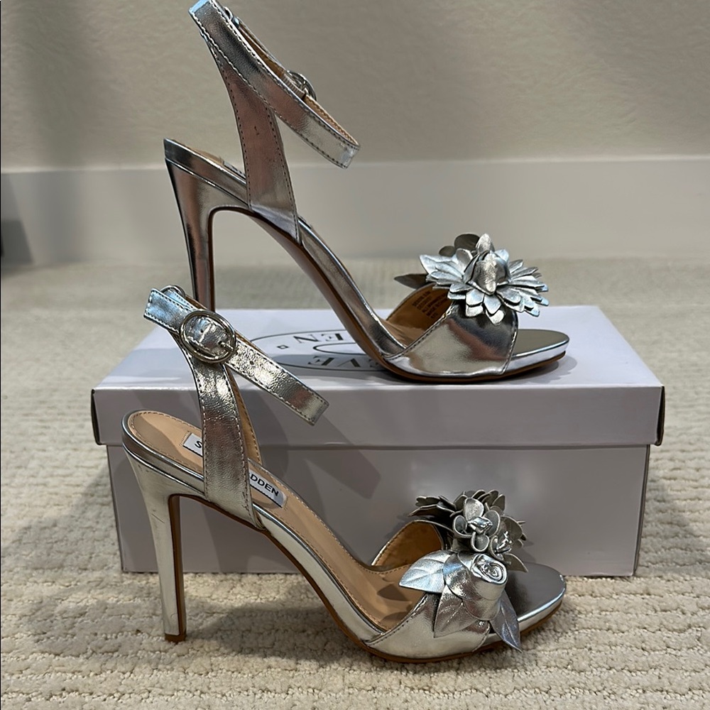 Steve Madden Silver Stiletto Heels with Floral Embellishment